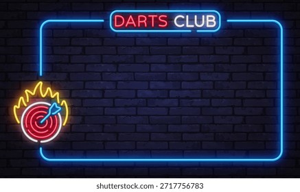 Bright neon vector frame with dartboard and arrow symbol. Perfect for pub interiors, tournament announcements, and game club advertising.