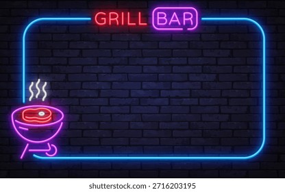 Bright neon vector frame with grill bar sign and smoking barbecue icon. Perfect for food promotions, restaurant posters, and evening grill events.