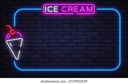 Heller Neon-Vektorrahmen mit Eistütensymbol auf dunklem Backsteinhintergrund. Ideal für Dessertmenüs, Café-Boards und Sommeraktionen.