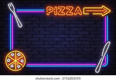 Quadro de vetor de néon brilhante com sinal de pizza, seta e ícone de fatia. Excelente para anúncios de fast food, navegação de entrega e promoção de restaurante de rua.