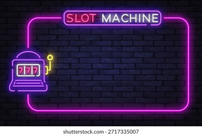 Bright neon vector frame with slot machine icon and glowing jackpot style elements. Ideal for casino banners, gambling ads, and retro nightlife designs.