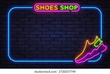 Bright neon vector frame with sneaker element and shoes shop sign. Designed for store windows, promotions, and fashion announcements.