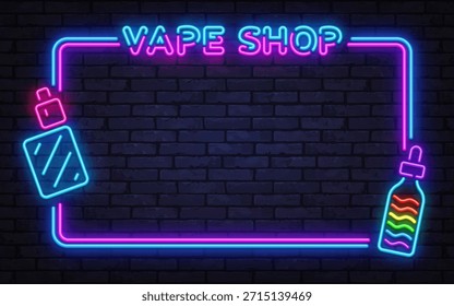 Marco de Vector de neón brillante con letrero de tienda de vaporizador, botellas de e líquido y detalles brillantes. Perfecto para Anuncios de tiendas, promociones y marca urbana moderna.
