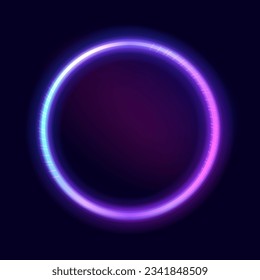 Bright neon vector sign. Luminous circular frame isolated on a black backdrop. Electric vibrant 3D circular portal, laser, neon lamp, and banner in shades of purple, blue, and pink.