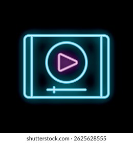 Ícone luminoso do reprodutor de vídeo neon brilhando no fundo escuro, conceito de filme online, streaming de vídeo, conteúdo multimídia