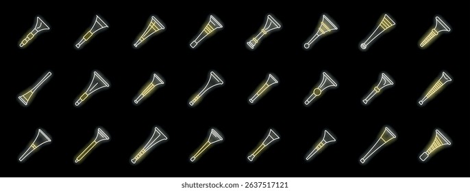 Bright neon vuvuzela icons glowing on a dark background, symbolizing excited fans cheering during sports events or music concerts