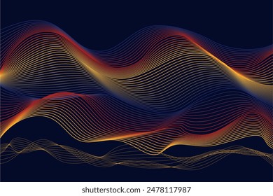 Bright neon waves on a dark background, technology background, elegant golden flow