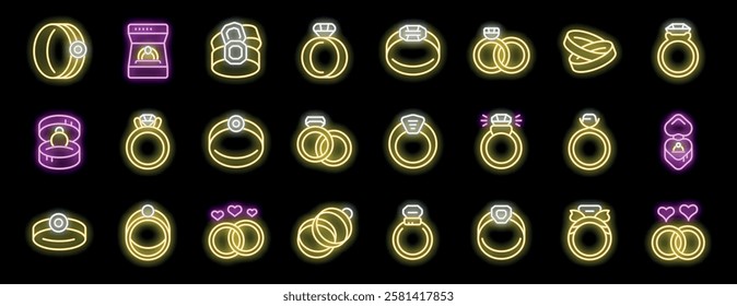 Bright neon wedding and engagement rings glowing in various styles, perfect for celebrating love and commitment