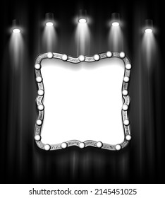 Bright neon white square frame for banner or sign isolated on a dark brick wall.