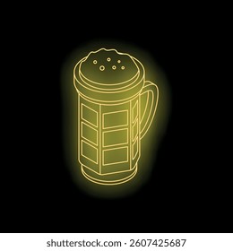 Bright neon yellow beer glass with foam glowing on black background