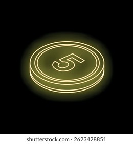 Bright neon yellow five cent coin glowing on a dark background, representing finance, currency, and economic concepts