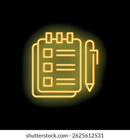 Bright neon yellow notepad and pen icon glowing on a black background