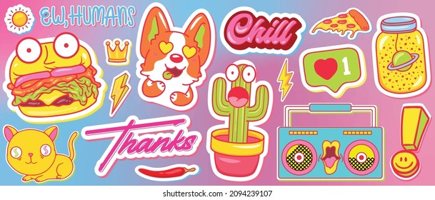 Bright, neon, youthful, set of funny stickers with cute characters of dog, strange cat. Vector background with trendy collection of illustrations of crazy cactus, tape recorder, burger, pizza, space.