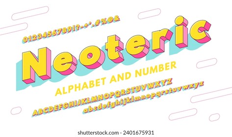 Helles, neoterisches 3D sans Serifenalphabet. Farbige Retro-Schrift 90er, 80er Jahre mit Buchstaben, Symbolen und Zahlen. Vektorgrafik.