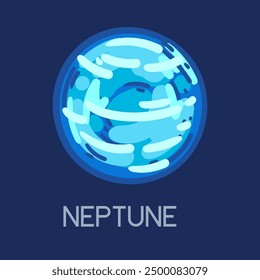 Bright Neptune planet with title. Solar system planet with deep blue color and dynamic atmosphere. Perfect for educational content and astronomy. Vector illustration isolated on dark blue background.