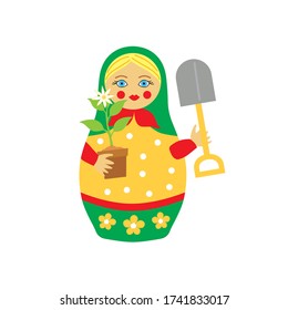 bright nesting doll is a symbol of Russia. with a shovel and a flower in a pot. In a yellow polka-dot dress and a green scarf.