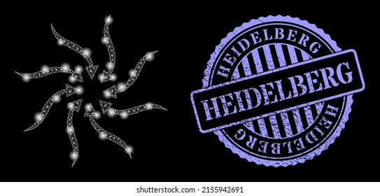 Bright net anticyclone rotation arrows with light spots, and Heidelberg blue round rubber seal imitation. Vector carcass generated from anticyclone rotation arrows icon.