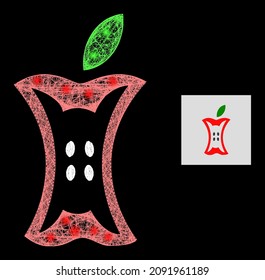Icono de tope de manzana de red brillante con puntos brillantes en un fondo negro. Constelación vectorial de luz basada en glifo de trozo de manzana, con manchas de luz interseccionadas y aleatorias.