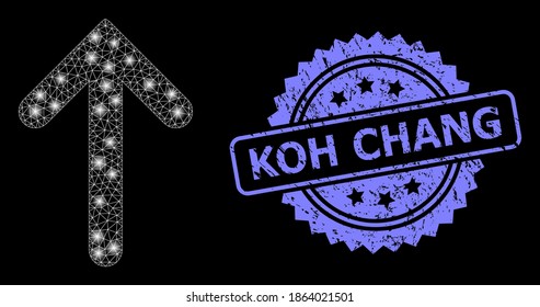 Bright net up arrow with glowing spots, and Koh Chang rubber ribbon stamp seal. Blue stamp seal has Koh Chang caption inside rosette. Illuminated vector constellation based on up arrow icon.