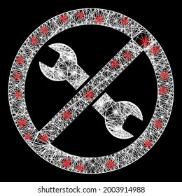 La red brillante evita la reparación de canales con nodos flash. Marco vectorial iluminado creado a partir del icono de reparación y líneas blancas cruzadas. La malla de la canal espumosa evita la reparación, sobre un fondo negro.