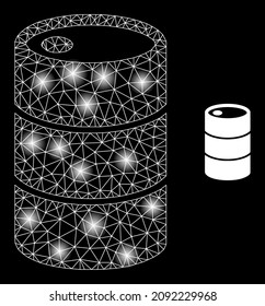 Bright net barrel web icon with bright light spots. Illuminated constellation done using barrel vector icon. Bright frame web polygonal barrel, on a black background.