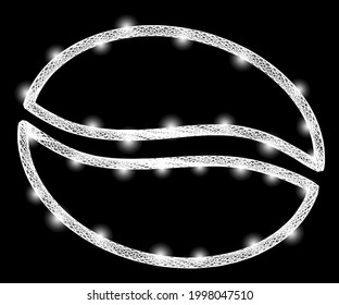 Bright net cacao beans wireframe with bright dots. Constellation vector carcass created from cacao beans symbol and crossing white lines. Sparkle constellation mesh cacao beans, on a black backgound.