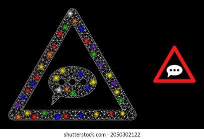 Icono de la constelación de peligro de mensajes de chat en la red brillante con puntos de luz. Constelación vectorial iluminada basada en el icono de peligro de mensajes de chat.