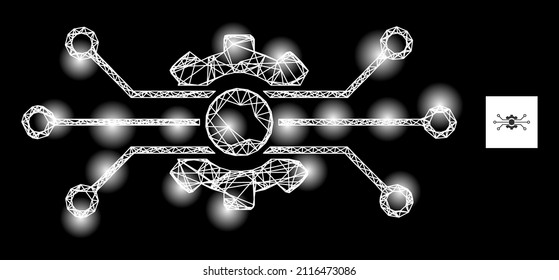 Bright net circuit gear icon with bright spots. Illuminated model is created from circuit gear vector icon and intersected lines. Illuminated carcass circuit gear, on a black background.