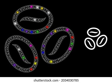 Café de red brillante con un icono de constelación de granos de luz. La constelación vectorial iluminada se crea a partir del icono de los granos de café. Frasco de malla de marco de malla granos de café sobre un fondo negro.