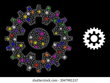 Bright net cogwheel constellation icon with lightspots. Illuminated vector constellation is created from cogwheel icon. Sparkle frame mesh cogwheel on a black background.