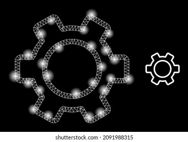 Bright net contour gear web icon with illuminated light spots. Illuminated constellation created from contour gear vector icon. Bright carcass web polygonal contour gear, on a black background.