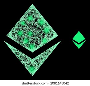 Cristal de red brillante con manchas claras sobre un fondo negro. El modelo vectorial de luz se basa en el glifo de cristal, con manchas de luz y redes interseccionadas.