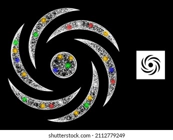 Rotación de ciclones netos brillante con nodos flash vibrantes. Malla vectorial iluminada creada a partir del símbolo de rotación de ciclones. Rotación de ciclones de malla de la canal de espuma, sobre un fondo negro.