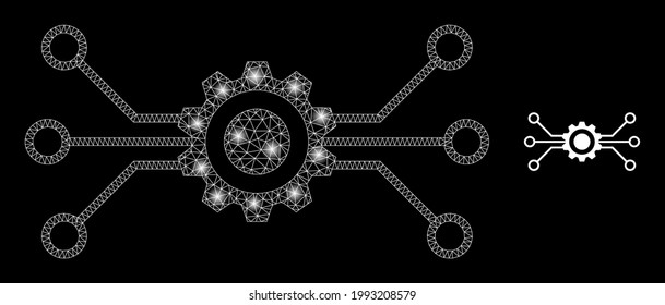 Bright net digital technology with glowing spots. Vector carcass based on digital technology icon. Glowing carcass mesh digital technology on a black background.