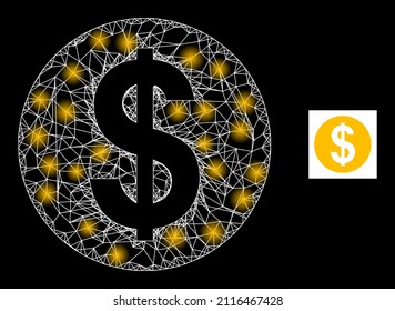 Helles Netto-Dollar-Münzsymbol mit beleuchteten Flecken. Leuchtende Konstellation, die mit Dollar-Münzen-Vektorsymbol und gekreuzten Linien erzeugt wird. Illuminierte Carcass-Dollar-Münze auf schwarzem Hintergrund.