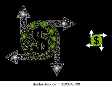 Bright net dollar transactions web icon with illuminated light spots. Illuminated constellation is generated from dollar transactions vector icon. Bright carcass web polygonal dollar transactions,