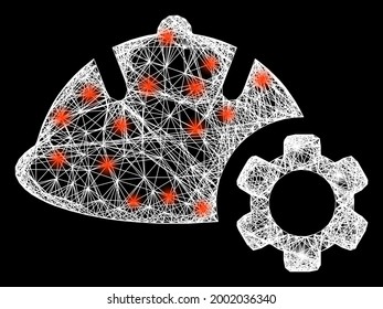 Bright net engineering wireframe with bright dots. Illuminated vector mesh created from engineering pictogram and crossing white lines. Sparkle frame mesh engineering, on a black backgound.