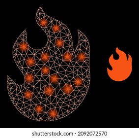 Helles Netto-Feuer-Web-Symbol mit leuchtenden Flecken. Leuchtende Sternbilder werden mit dem Feuervektorsymbol erzeugt. Helles, mehrfarbiges Karkassgewebe auf schwarzem Hintergrund.