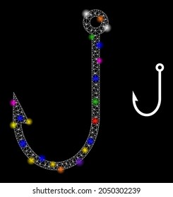 Bright net fish hook constellation icon with light spots. Illuminated vector constellation based on fish hook pictogram. Sparkle carcass mesh fish hook on a black background.