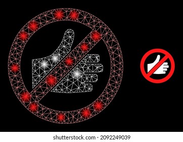 Bright net forbidden thumb up web icon with bright light spots. Illuminated constellation is generated using forbidden thumb up vector icon. Illuminated carcass web polygonal forbidden thumb up,