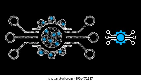 Bright net gear circuit with glowing spots. Linear frame 2D mesh generated with crossed white lines and gear circuit icon. White mesh and sparkle carcass polygonal gear circuit on a black background.