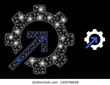Bright net gear integration web icon with bright light spots. Illuminated model generated from gear integration vector icon. Bright frame web polygonal gear integration, on a black background.