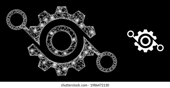 Bright net gear project with glowing spots. Wire carcass flat mesh generated with crossed white lines and gear project icon. White mesh and sparkle carcass mesh gear project on a black background.