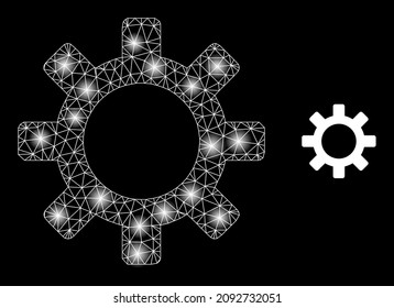 Bright net gearwheel web icon with bright spots. Illuminated constellation is generated using gearwheel vector icon. Constellation frame web polygonal gearwheel, on a black background.
