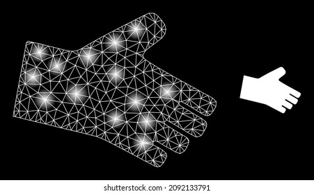 Bright net hand web icon with glossy spots. Illuminated constellation is done using hand vector icon. Glossy carcass web polygonal hand, on a black background.