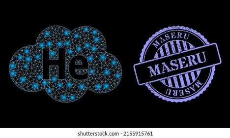 Bright net helium cloud with glowing spots, and Maseru blue round scratched seal print. Vector model created from helium cloud icon. Bright frame polygonal helium cloud.