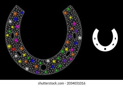 Bright net horseshoe constellation icon with lightspots. Illuminated vector constellation based on horseshoe picture. Sparkle frame mesh horseshoe on a black background.