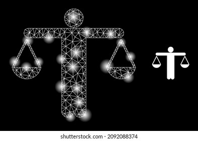 Bright net judge balance web icon with illuminated light spots. Illuminated constellation is created using judge balance vector icon. Illuminated carcass web polygonal judge balance,