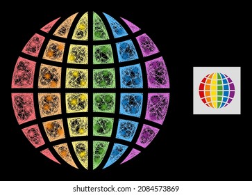 Bright net LGBT world icon with glowing spots on a black background. Light vector structure is based on LGBT world symbol, with hatched net and scattered light dots.