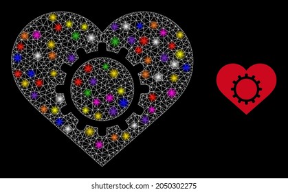 Bright net love gear constellation icon with light spots. Illuminated vector constellation based on love gear pictogram. Sparkle carcass polygonal love gear on a black background.